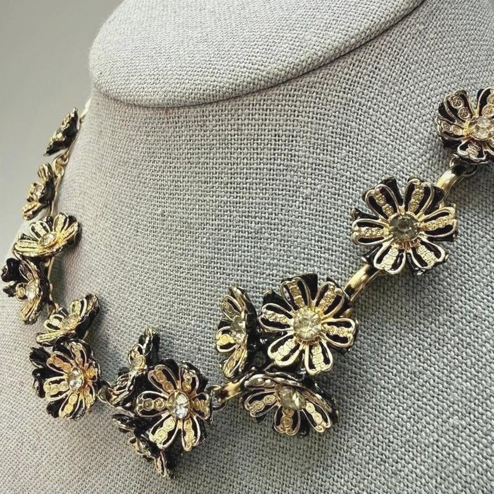 Vintage Black Enamel Flower Gold Tone Choker Necklace 14" Adjustable Rhinestones